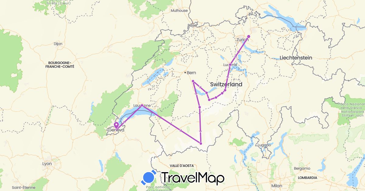 TravelMap itinerary: driving, train in Switzerland (Europe)